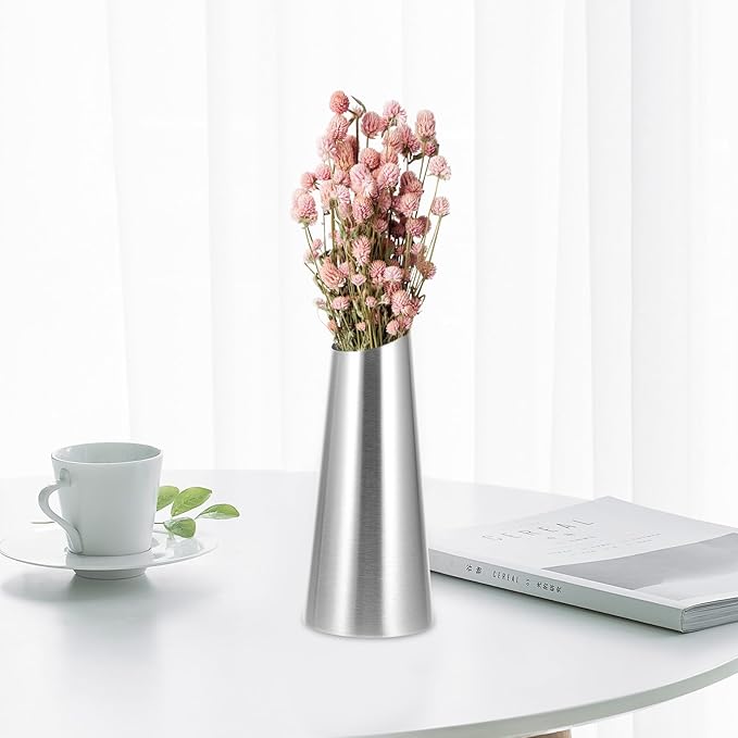 Stainless Steel Metal Vase Decorative Flower Bottle Tabletop Ornament for Home Office Garden Decor Modern Silver Desktop Arrangement
