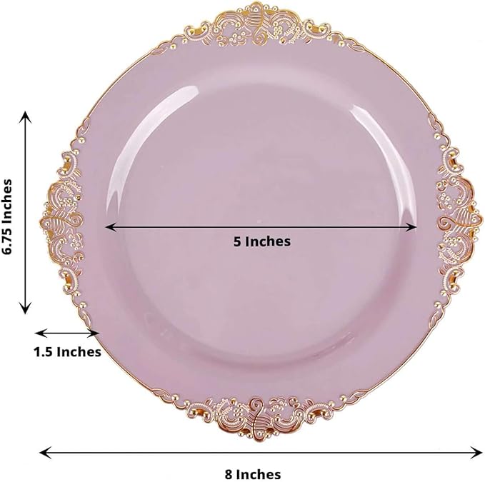 8" Salad Plates -Set of 10 - Plastic Lavender Lilac Round Baroque Disposable Chargers Leaf Embossed Rim, Ideal for Dinner Party Wedding Bulk Events