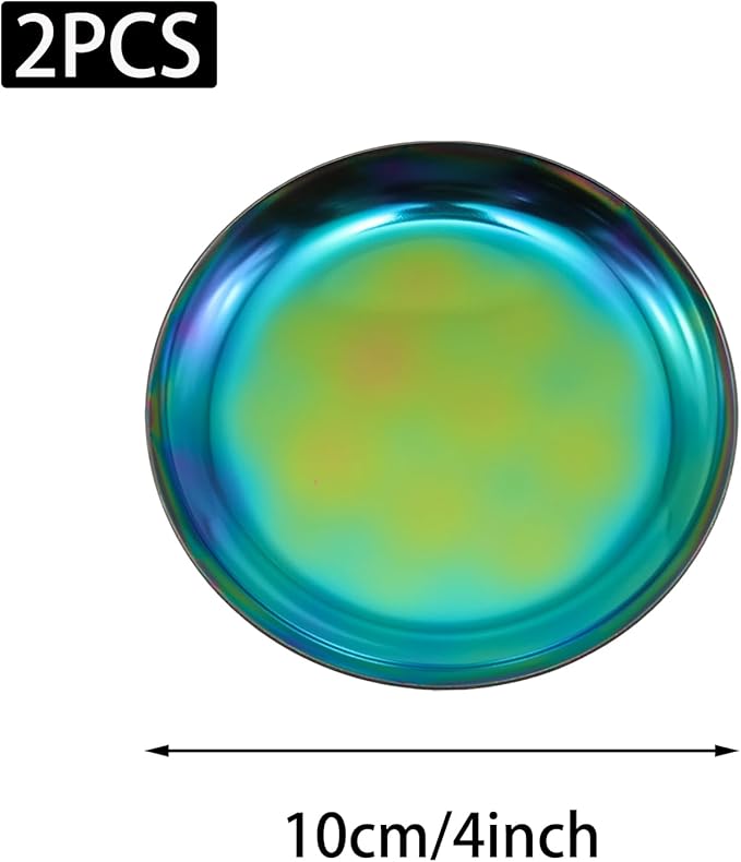PINE & LINEN 2pcs Colorful Jewelry Dish,4inch Stainless Steel Trinket Tray Decorative Plate,Small Serving Tray for Home Decor/Decor Enthusiasts