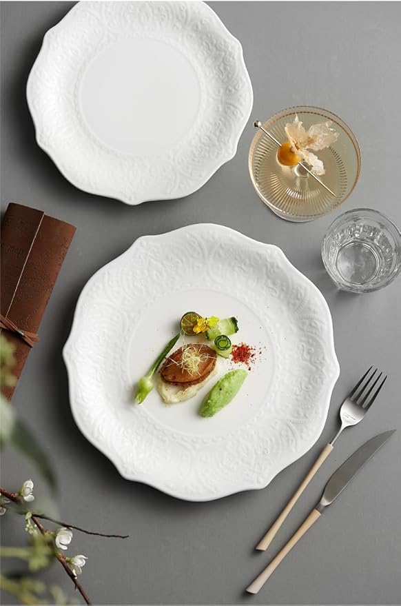 SOUJOY Set of 6 Salad Plate, 8 Inch Porcelain Dessert Serving Plates, Embossed Printing Small Dinner Dish for Pancakes, Steak, Microwave, Dishwasher Safe