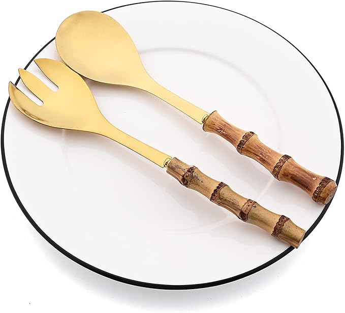 4 Piece Bamboo Handle Serving Set Utensils, 304 Stainless Steel Long Hanlde Serving Fork Spoon For Kitchen Buffet Banquet Wedding Party Cooking (4 Forks, Gold)
