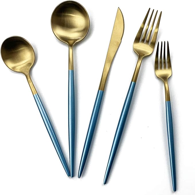 Gugrida Blue Handle Gold Flatware Set, Royal 5 Pieces Matte Blue Handle 18/10 Stainless Steel Dinner Fork 7.68", Camping Cutlery Silverware Travel Utensils Set Tableware
