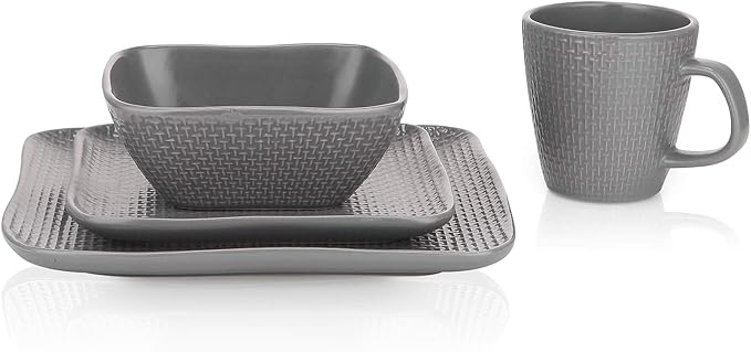 Stone Lain 16 Piece Stoneware Square Weave Dinnerware Set, Service for 4, Gray