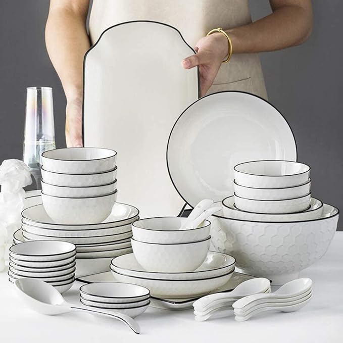 60 Pieces White Dinnerware Set Dishes - Dinner Plates and Bowls Sets Service for 12, Luxury Ceramic Dishes Set, Nordic Style Black Line Diamond Pattern, for Family Friend (White 56 Pcs)