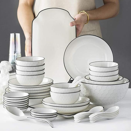 60 Pieces White Dinnerware Set Dishes - Dinner Plates and Bowls Sets Service for 12, Luxury Ceramic Dishes Set, Nordic Style Black Line Diamond Pattern, for Family Friend (White 56 Pcs)