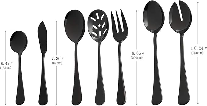 Black Serving utensils set. Stainless Steel Hostess Flatware Sets 7-Piece Includes Silverware Large Salad Spoons,Forks,knifes.Dishwasher Safe.