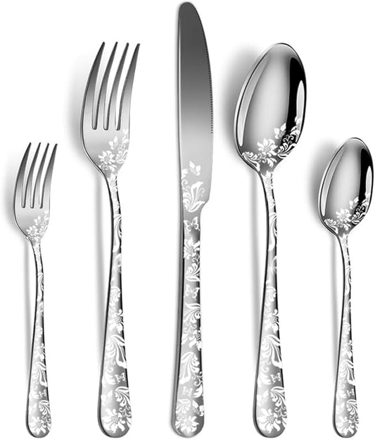 XIAOYU 5 Pieces Silverware Set, Black Flatware Set, Stainless Steel Mirror Polished Cutlery Set, Spoons Forks Knives Set with Unique Floral Laser, Silver