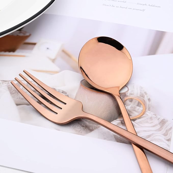 24-Piece Mirror Copper Polished Flatware, 18/0 Stainless Steel Dinnerware Set Include Knife Fork Spoon Teaspoon Cutlery Set For Home Restaurant and Party Service For 6, Dishwasher Safe