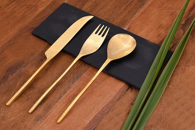 DeKulture Handmade Pure Brass 3 Pieces Cutlery Set Premium Deluxe Tableware Classic Gold Burnished Utilitarian Flatware Ideal for Serving & Dining Table Decoration