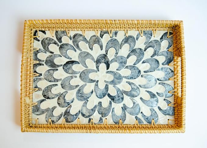 Magenta & Teal Decorative Rectangle Rattan Serving Tray 13x9 inch Mother of Pearl Inlay, Wicker Coffee Table Decor, Farmhouse (Blue Tan Flower)