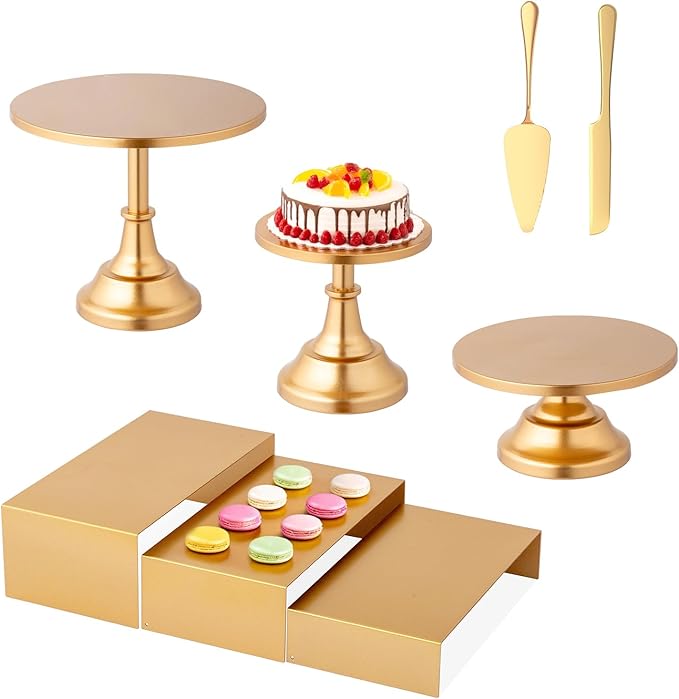 ROVSUN 8PCS Gold Cake Stand Set, Dessert Table Display Set, Metal Cupcake Tower Stand, Fruit Candy Donut Risers Stands with Serving Tongs Cutting Knife for Wedding Birthday Party Baby Shower