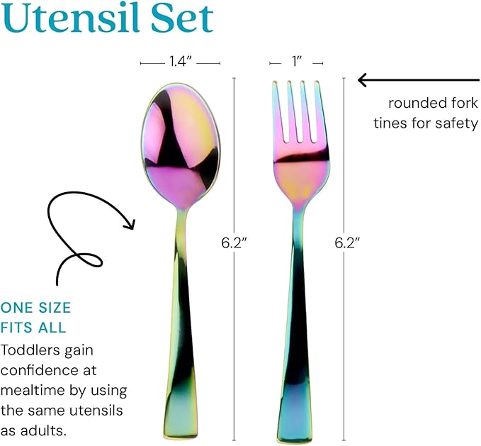 Ahimsa Stainless Steel Kids Utensils Set, Pediatrician Designed, Colorful Kids Silverware, Non Toxic, Dishwasher Safe, Rainbow Fork and Spoon
