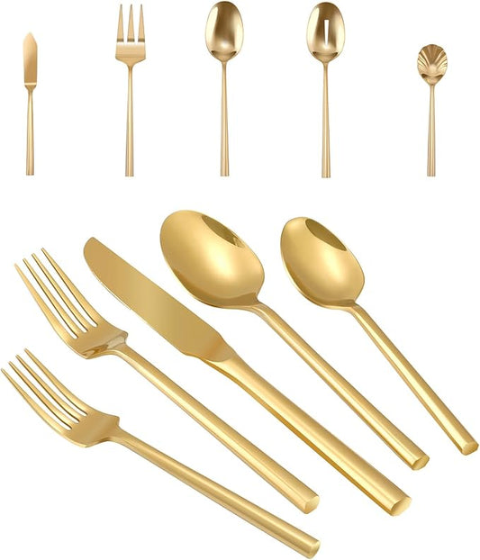 Silverware 65-Piece Gold Flatware Set with Serving Utensils Stainless Steel Thick Heavy Mirror Polished Cutlery Set for Wedding Hotel Restaurant, Service for 12