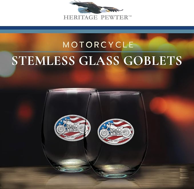 Heritage Pewter Motorcycle Stemless Glass Goblets – Set of 2 | 15 OZ Goblet Wine Glasses | Expertly Crafted Pewter Glass