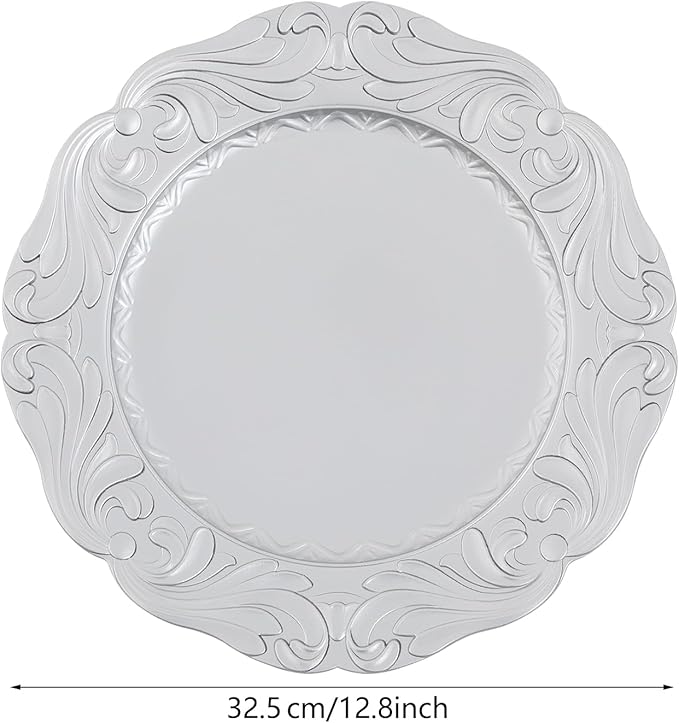100 Pcs Antique Charger Plates Bulk Round Plastic Dinner Plate Embossed Rim Server Plate Decorative Chargers Floral Plates for Dinner Parties Wedding,13 Inch (100pcs-silver3)