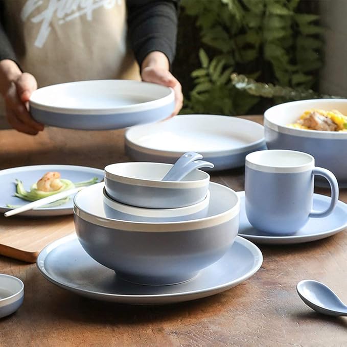 Elegant China Dinnerware Set,Dinner Plate Ceramics Dinner Sets, 38 Pieces Matte Blue and White Border Porcelain Combination Set Bowl Dish Mug | Nordic Style Hotel Dinnerw