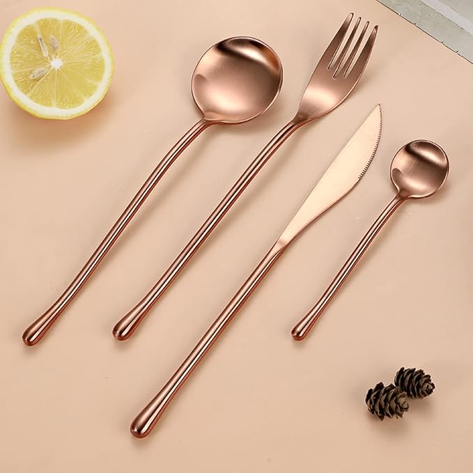 JASHII 304 Flatware Set Matte Copper Silverware Set Satin Finished 18/8 Stainless Steel Cutlery Set with Round Handle 24 Piece Wedding Housewarming Gift Service for 6 - Rose Gold