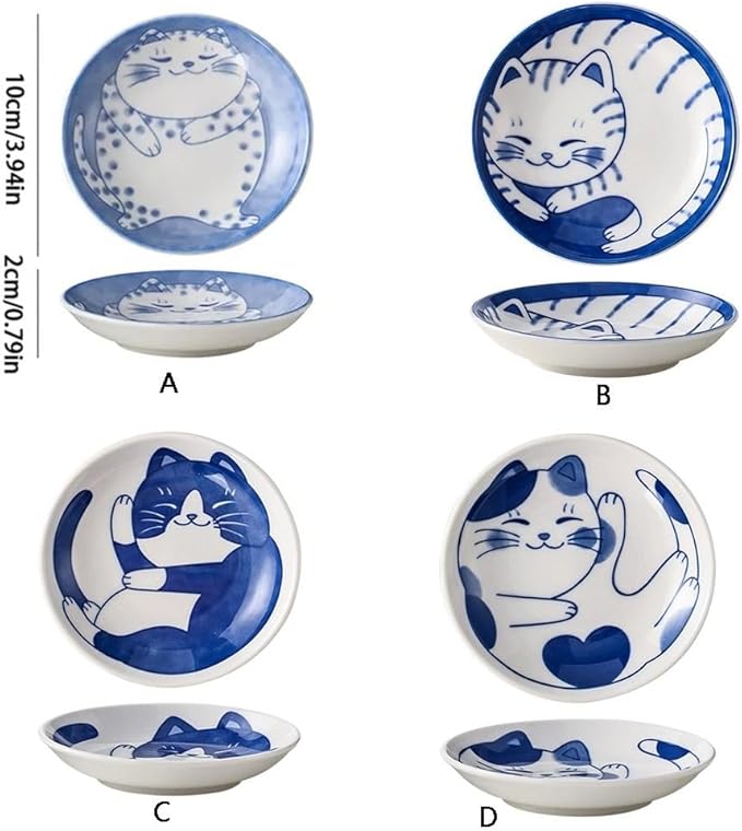 Japanese Sushi Sauce Plate Small Lucky Cat Pattern Soy Sauce Dish Mini Round Ceramic Glazed Plates for Appetizer Dessert Fruit(A)