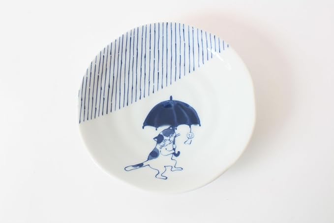 Mino ware Japanese Ceramics Pair Round Plate Japanese Cat (set of two) made in Japan GBS224 (Small Flat, Umbrella)