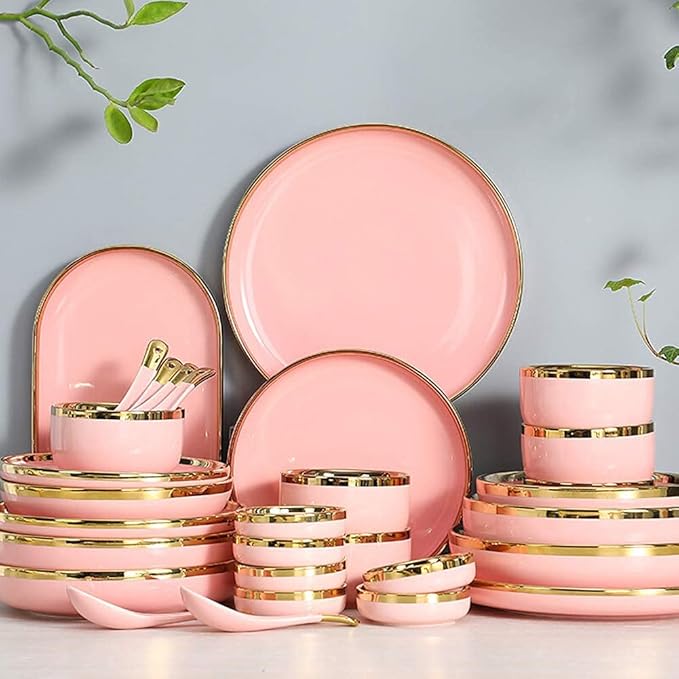 Nordic Style Tableware Set, Ceramic Plate And Bowl Set, Family Restaurant Tableware, 2/4/6 Person Tableware Set, Handmade Ceramic Utensils (Pink 26 pcs)