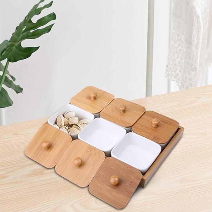 Ceramic Appetizer Serving Plate with Bamboo Tray, Ideal for Fruits, Nuts, Desserts, Modern Design(6 Compartment-9cm)
