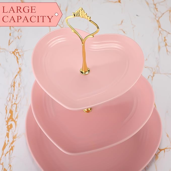 Layhit 1 Pack Valentine's Day 3 Tier Cupcake Stand Heart Shaped 3 Tiered Serving Trays for Party Plastic Tray Dessert Cupcake Stand for Tea Party Baby Shower Wedding (Pink)