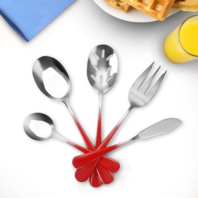 Bysta Serving Utensils Set, Gradient Red 5-Piece Hostess Set, Stainless Steel Silverware Flatware Cutlery Serving Set, Mirror Finish, Dishwasher Safe