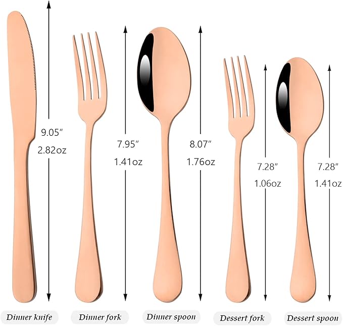 35-Piece Copper Flatware Set With Serving Set, 18/0 Stainless Steel Cutlery Set Service For 6, Mirror Polished, Dishwasher Safe