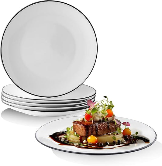 YOLIFE 10 inch Dinner Plates Set of 6, White Plate with Black Trim, Ceramic Steak Plates, Microwave & Dishwasher Safe