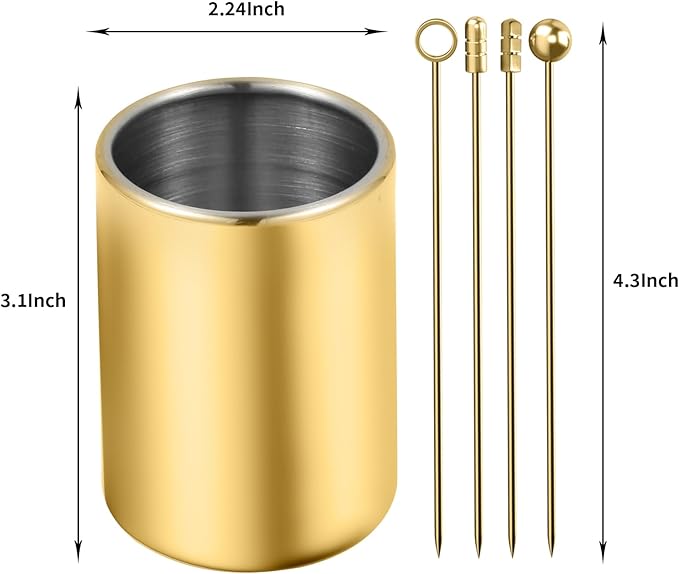 Metal Cocktail Picks 12Pack+Holder Kit, 304 Stainless Steel Toothpicks, Reusable Cocktail Skewers, Garnish Picks Bloody Mary Skewers, Martini Picks for Olives Appetizers Fruit (Mix Gold)