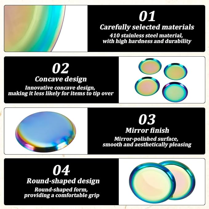 4 Pack 3.9 Inch Rainbow Serving Plate Round Metal Food Trays Small 410 Stainless Steel Seasoning Soy Sauce Storage Dishes Tools for Kitchen Cooking Sushi Dipping Appetizer Plates Jewelry