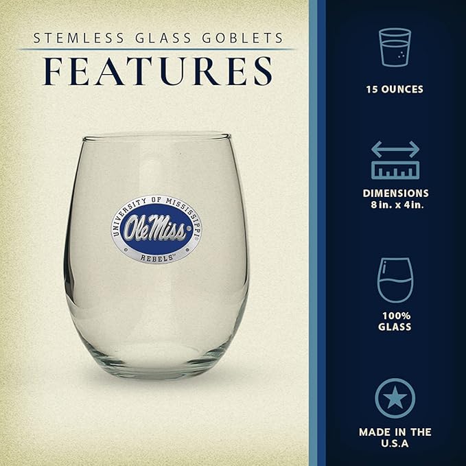 Heritage Pewter Ole Miss Rebels Stemless Glass Goblets – Set of 2 | 15 OZ Goblet Wine Glasses | Expertly Crafted Pewter Glass