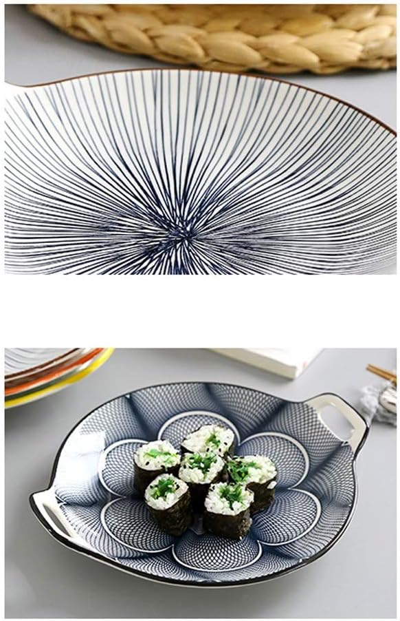Ceramic Cutlery Salad Bowl Ceramic Double Handle Snack Plate Appetizer Plate Sushi Plate Underglaze Color Disc Universal Sauce Plate Fruit Plate Small Bowl (Color : A)