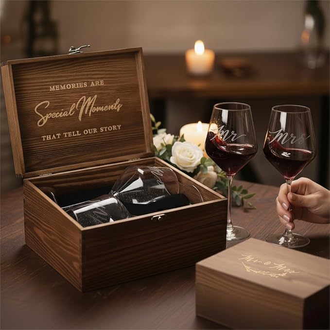 Christmas Mr Mrs Wine Glasses for Couples – Engagement, Wedding & Newlywed Gift for Couples, Just Engaged Gifts for Women, Woonden Memory Box Xmas Couple Present