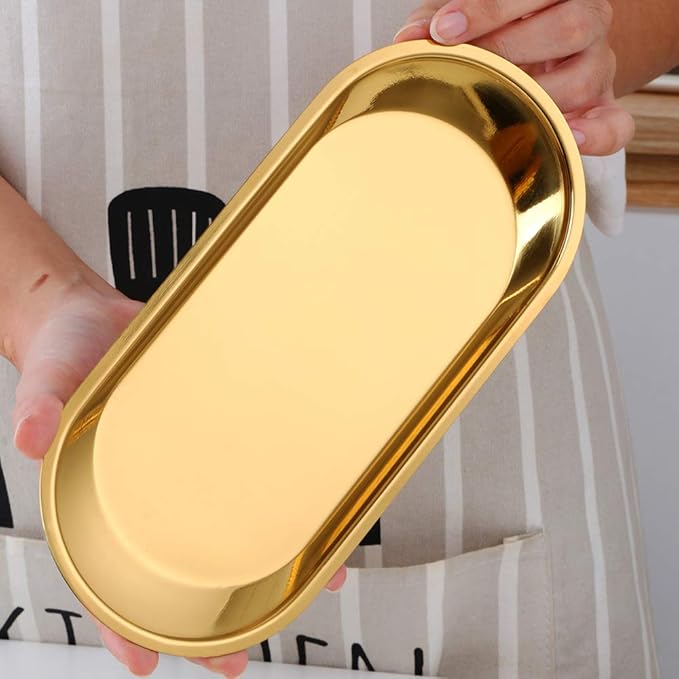 Buyer star Gold 2PCS 9inch Stainless Steel Oval Tray Fruit Trays Storage Tray Dish Plate Cosmetics Jewelry Decorative Organizer