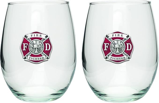 Heritage Pewter Firefighter Stemless Glass Goblets – Set of 2 | 15 OZ Goblet Wine Glasses | Expertly Crafted Pewter Glass