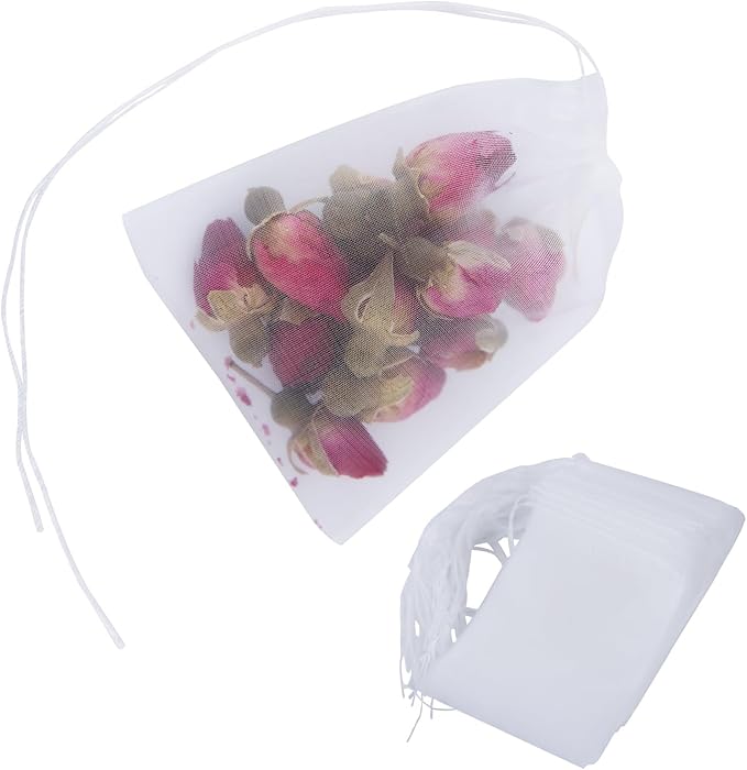 YICHEN 100pcs Tea Filter bags Disposable Empty Tea Bags with Drawstring for Loose Tea safe and clean Nylon material white Small Empty Tea Bags 3 x 2.4 inch.