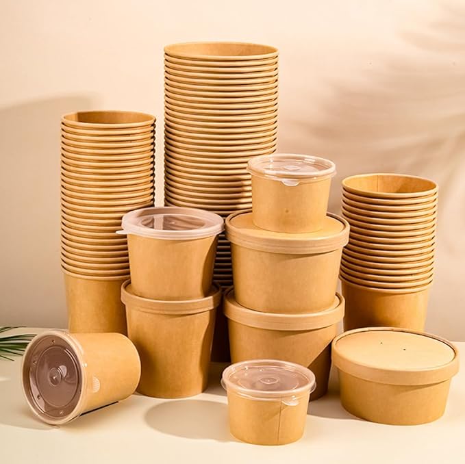 Wei Long 50-Pack 12 oz To Go Soup Containers with Lids,Paper Soup Containers Disposable Paper Bowls with Vented Lids,Cups for Ice Cream,Dessert,Frozen Yogurt,Oatmeal(Brown)