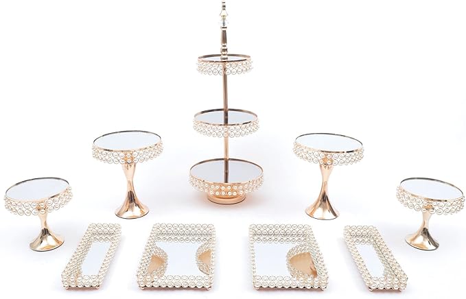 9 Pcs Gold Cake Stand Set, Acrylic Mirror Surface Vintage Cake Stand, Round Dessert 3-Tier Tower Plate Holder Decor Serving Platter Crystal Cakes Stands Wedding, Party, Baby Shower