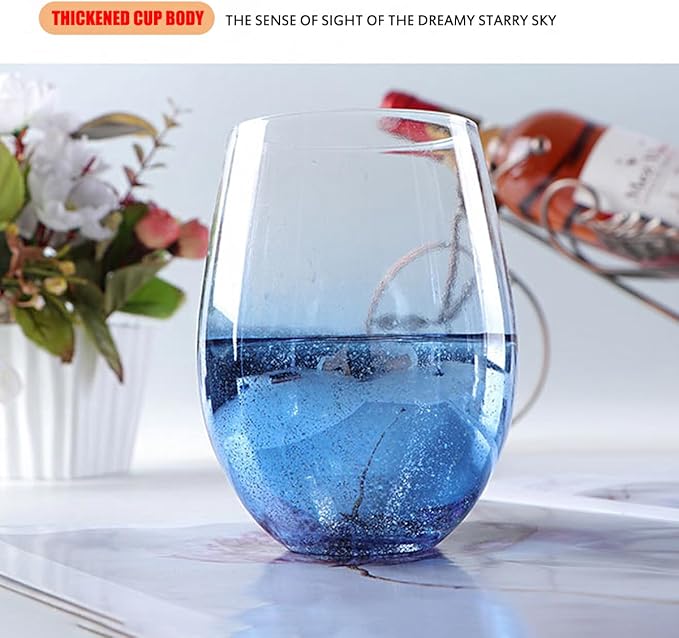 Blue Crystal Stemless Wine Glasses Set of 2 Champagne Flute,Starry Sky Wine for Red Wine and Champagne (2, Egg Cup-Blue Starry Sky)