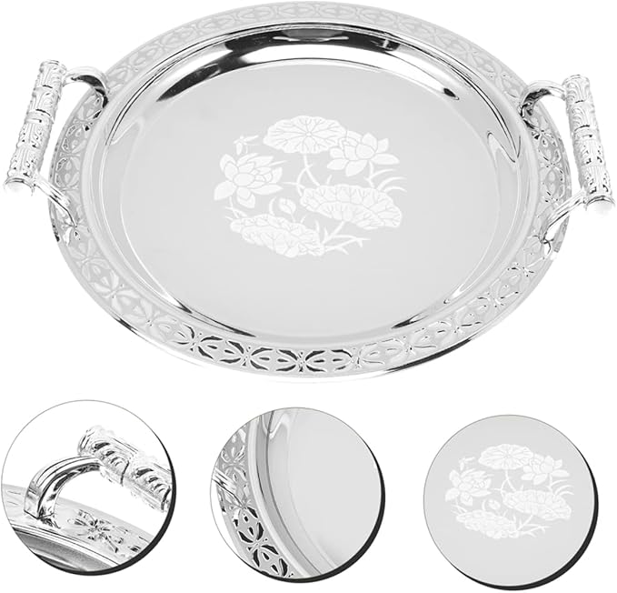 GLEAVI Silver Plated Round Pattern Tray Charcuterie Fruit Holder Serving Dish Plates