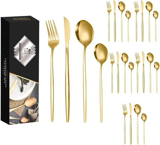 24 PCS Fine Flatware Set, Flatware Serving Set for 6, Utensil Set for Home and Restaurant Include Knives/Forks/Spoons, Dishwasher Safe, for Outdoor Camping Picnic(Size:A,Color:Gold)
