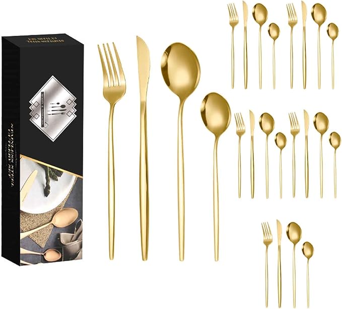 24 Piece Dining Service for 6, Kitchen Utensil Serving Set Include Knives/Forks/Spoons for Tableware, Formal Events, Parties, Dishwasher Safe(Size:A,Color:Gold)