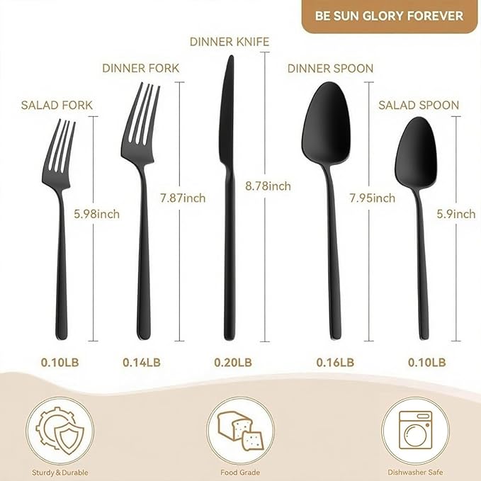 Oval Matte Black 20-Piece Silverware Set, Stainless Steel Flatware Set with American Design, Modern Cutlery Set, Service for 4, Dishwasher Safe