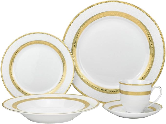 Royalty Porcelain "Queen" 20-Piece White & Gold Dinnerware Set, 24K Gold-Plated Fine Porcelain, Service for 4