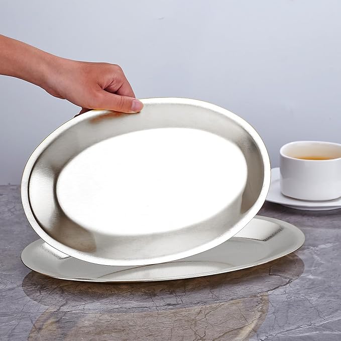 SANQIAHOME 9.9x6.1 Inch Thick Stainless Steel Dinner Plate 2-Piece Set, Egg-Shaped Appetizer Plate,Silver