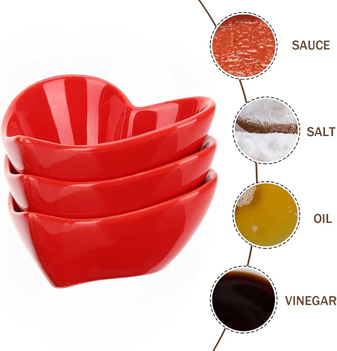 Alipis Heart Dipping Sauce Bowls 6Pcs Red Love Heart Shaped Ceramic Side Dish Bowl Appetizer Plates for Wedding Mothers Day Party