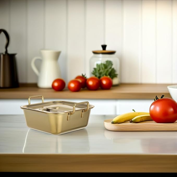 NUOBESTY Stainless Steel Square Snack Basket with Lid and Handles, Food Serving Tray for Fried Chicken, French Fries, Desserts, Party, Buffet, Kitchen (Golden)