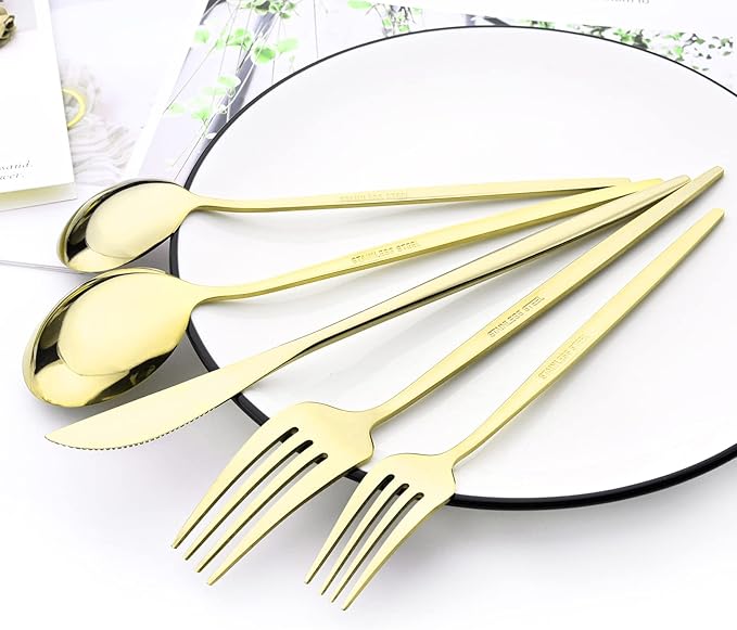 30Pcs Champagne Gold Mirror Finished Cutlery Set, 18/0 Stainless Steel Daily Use Silverware Kitchen Home Restaurant Party Dessert Flatware Set Include Knife/Fork/Spoon, Service For 6