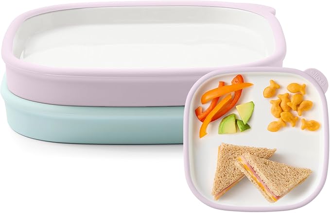 Ello Clean Start Toddler Everything Plate 2 Pack | BPA-Free Ceramic Plates with Silicone Sleeve for Babies/Toddlers | Microwave/Dishwasher Safe, Plastic-Free, High Chair Friendly | Dewdrop/Sugarplum